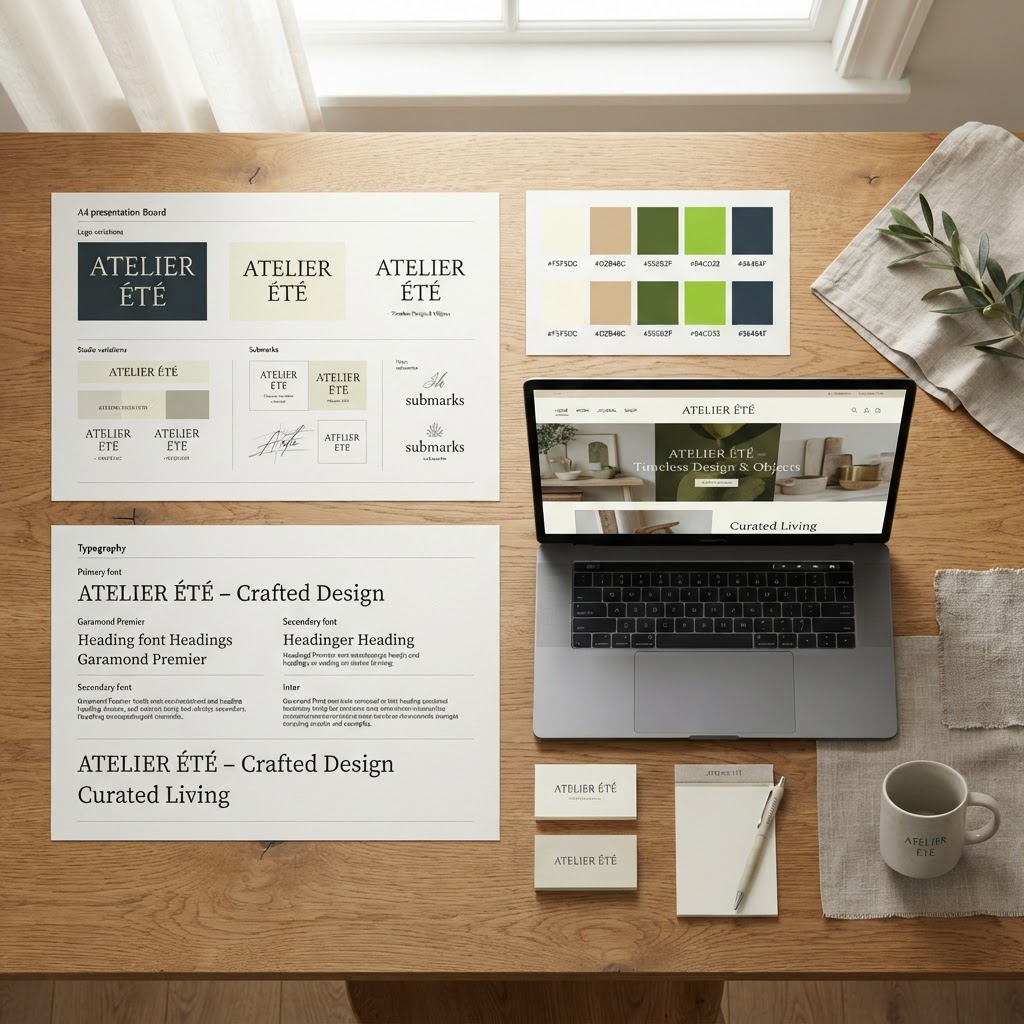 Brand identity materials — logos, palettes, and typography — laid out on a table