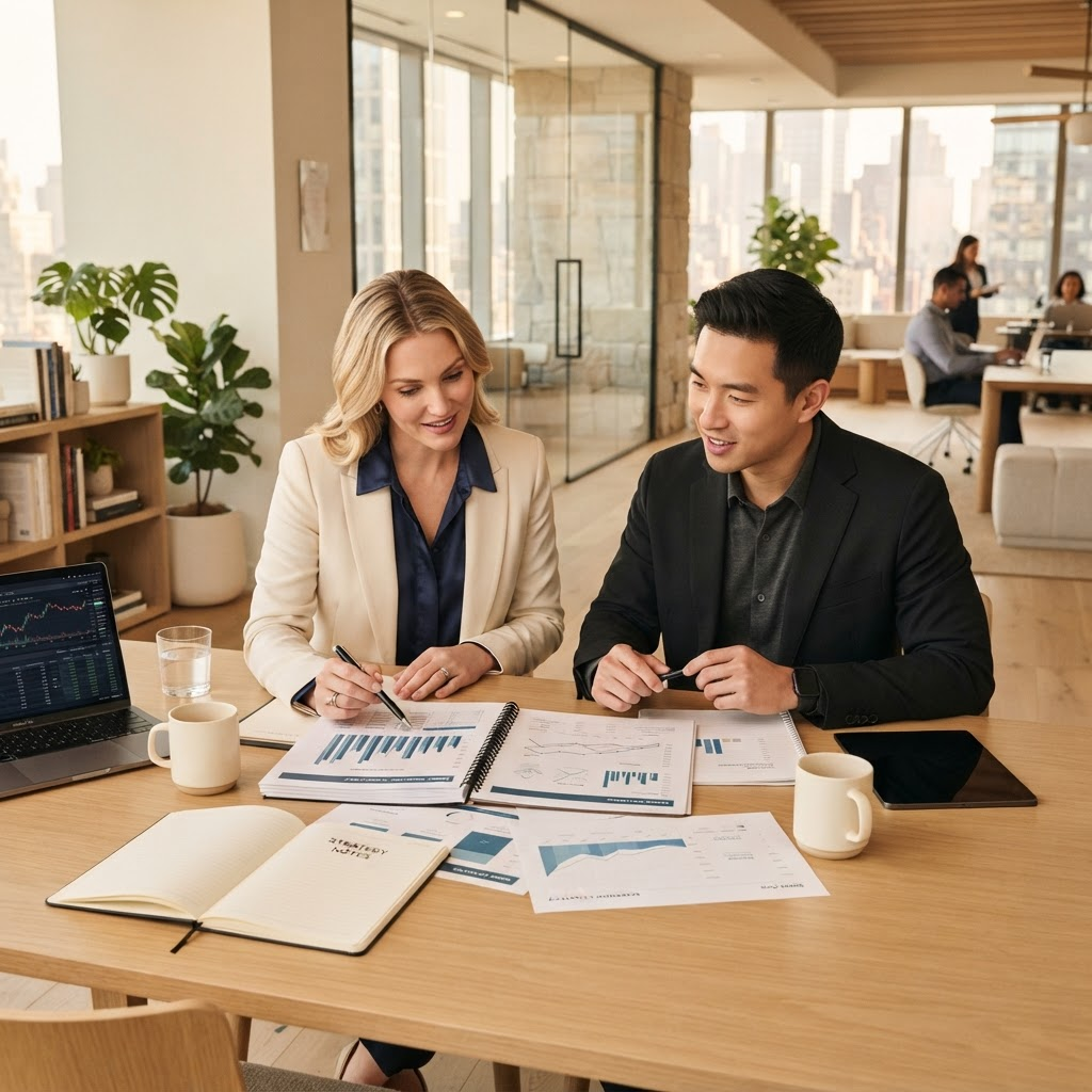 Consultants reviewing market analysis and strategy documents together