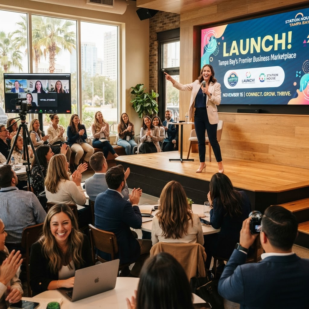 Speaker launching a brand in front of an engaged business community audience